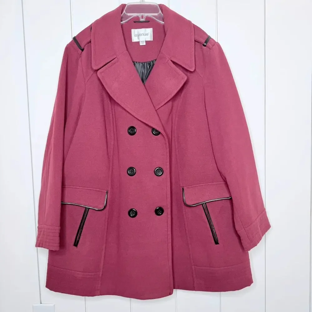 Burgundy Double Breasted Coat Plus Size 26/28 Pleather Trim